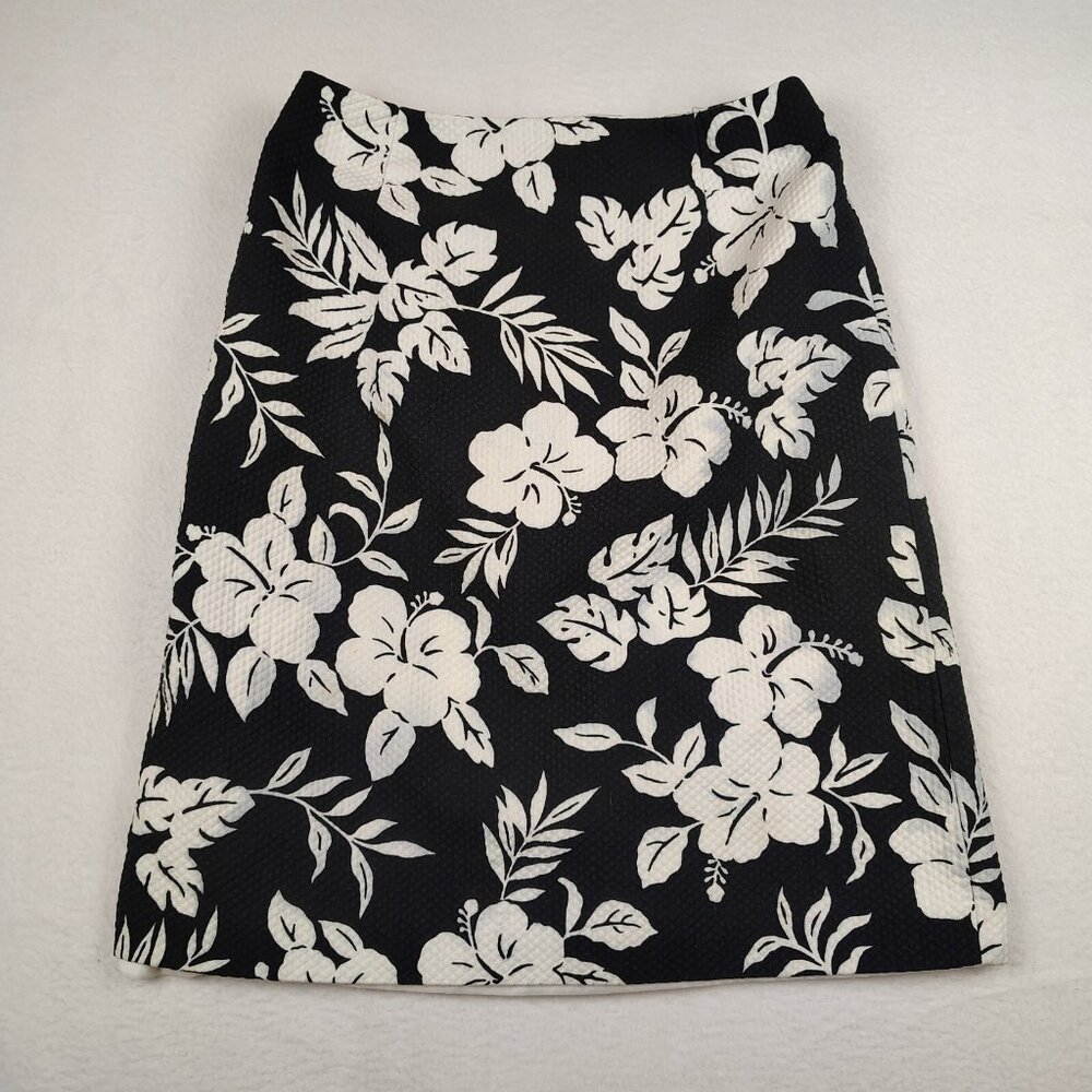 Talbots A -Line Skirt Black White Floral Hawaiian Womens 4